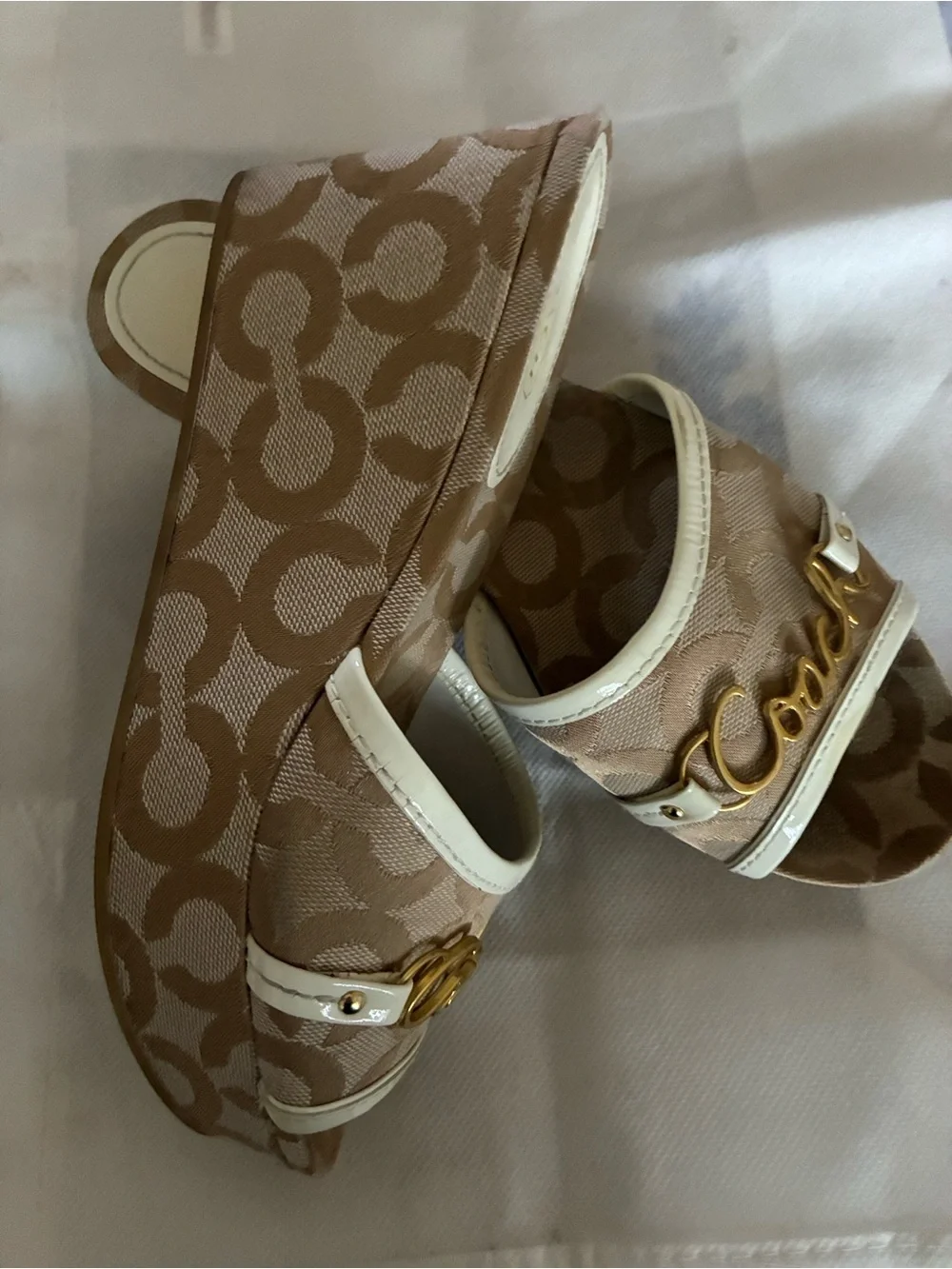 Coach Beige & Cream Signature Logo Wedge Slides